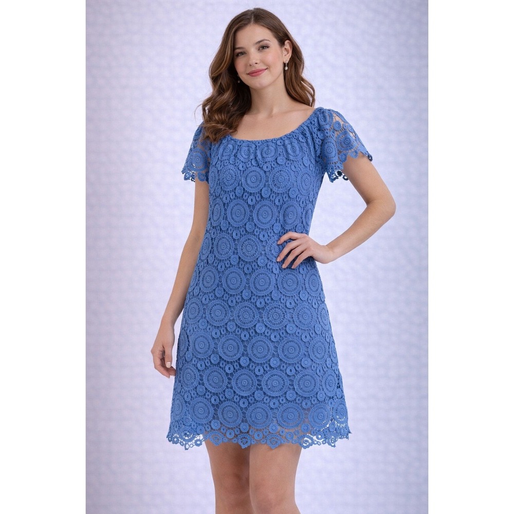 Southern Tide Blue Lace Medallion Shift Dress Short Sleeve‎ L